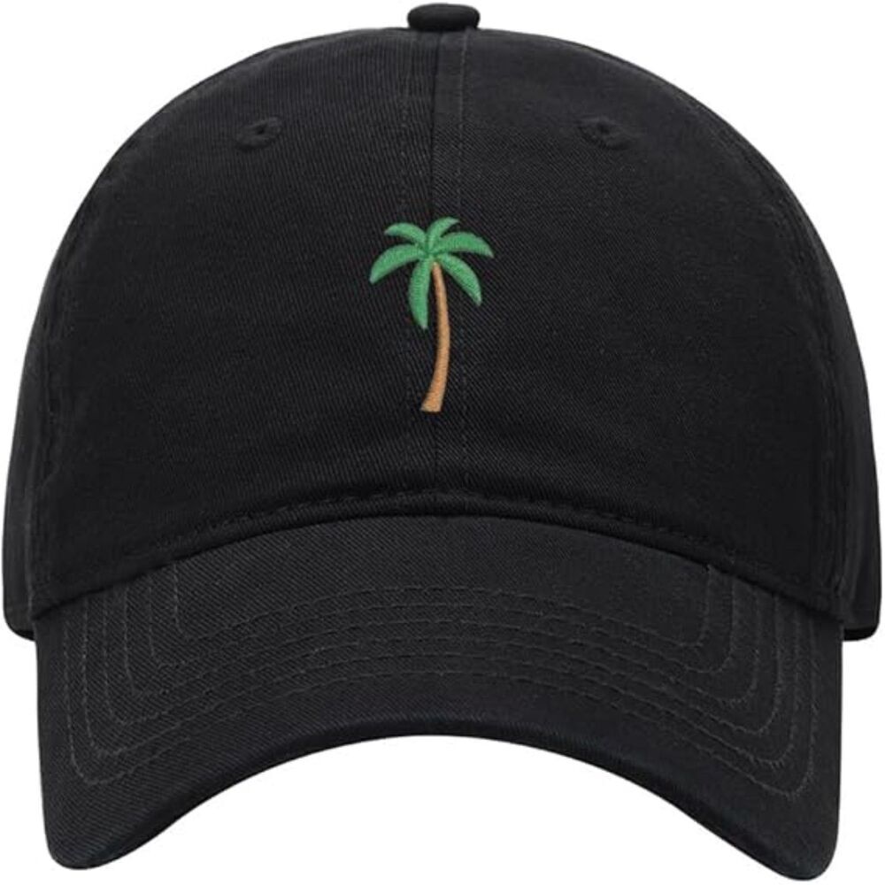 Unisex Black 100% Cotton Palm Tree Embroidered Adjustable Classic Baseball Cap
